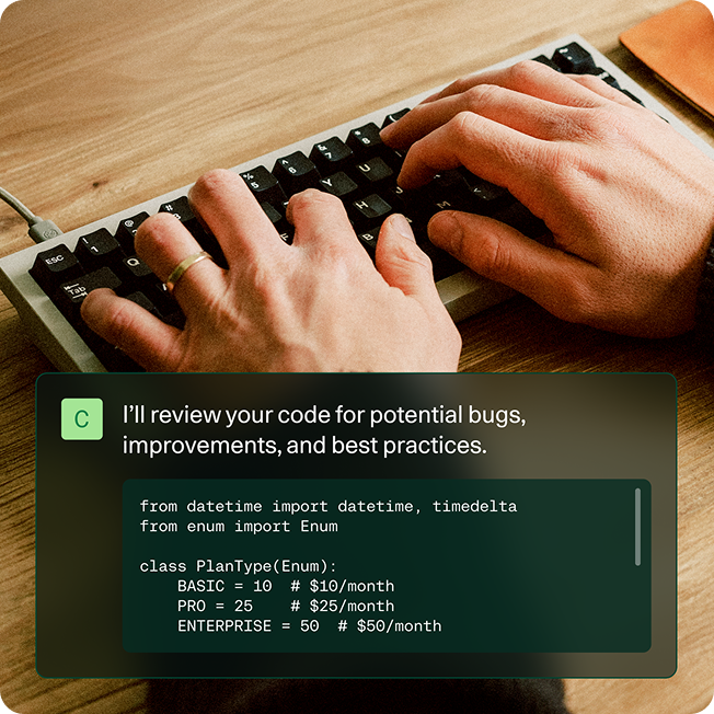 A developer typing at a keyboard with an AI agent overlay reviewing code for bugs and improvements.